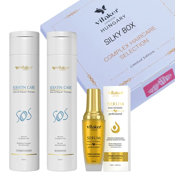 SILKY BOX Csomag tartalma: 1 db Macadamia hajszérum 50 ml, 1 db Keratin Care sampon 300 ml, 1 db Keratin Care kondicionáló 300 ml